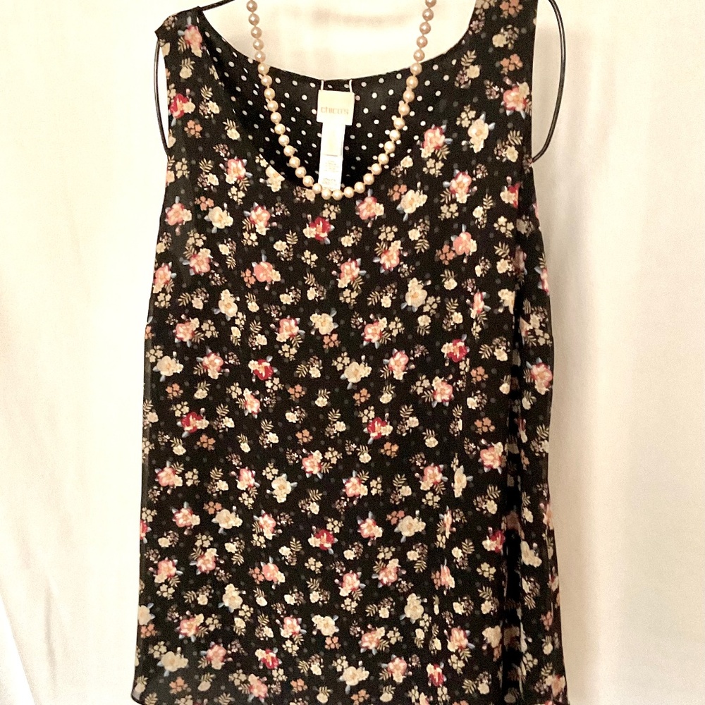 REVERSIBLE TANK POLKADOT SCATTERED FLORAL BLACK WHITE PINK CHICHOS Sz 3 NEW NWOT